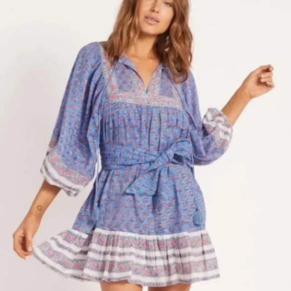 Cleobella Magdalena Mini Dress Lotus Blue Pink Mixed Printed Tie Waist size M - Picture 1 of 7